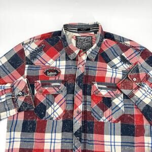 Affliction Shirt Mens 2XL Red Plaid Slim Fit Black Premium Patches Western